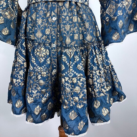 Pep's Cannes Versailles Mini Dress Jacquard Blue Teal Gold Belt Pleated Ruffled - Picture 12 of 16